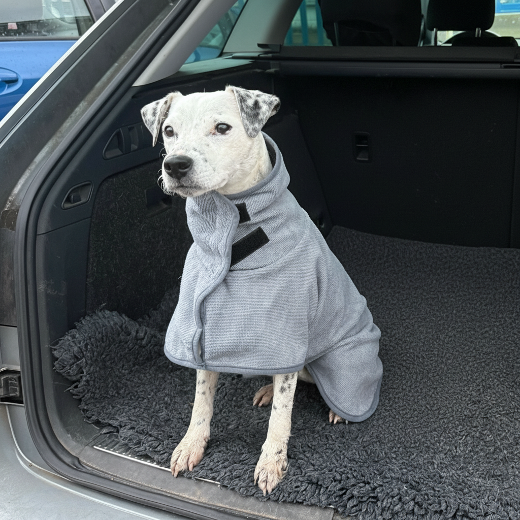 One dog sitting in a car wearing a grey dog drying coat.