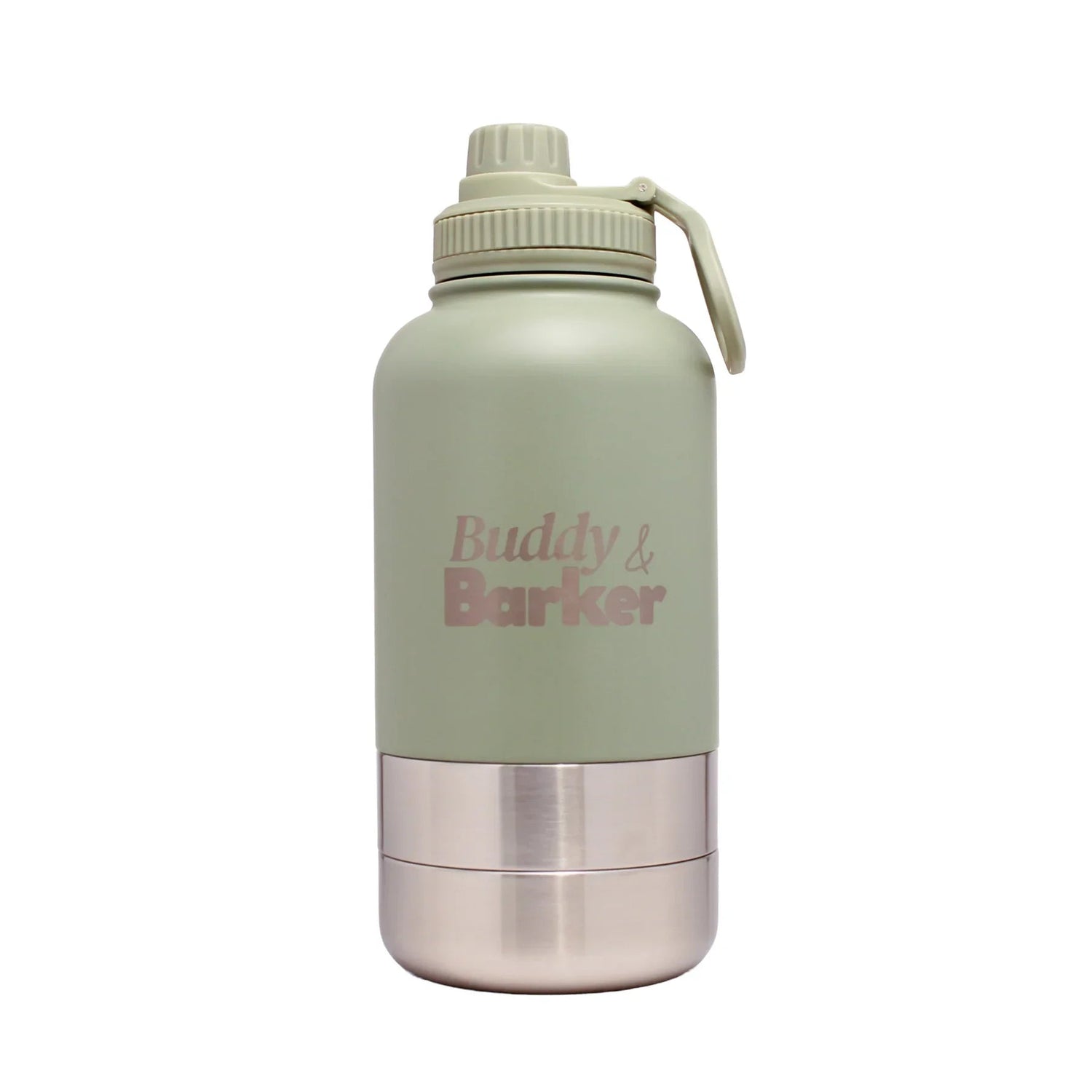 Trail dog travel bottle, in sage green on white background.