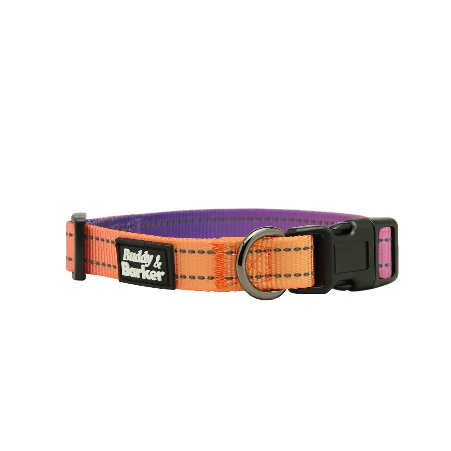 Hands-free Dog collar with orange, purple, and pink colours on a white background
