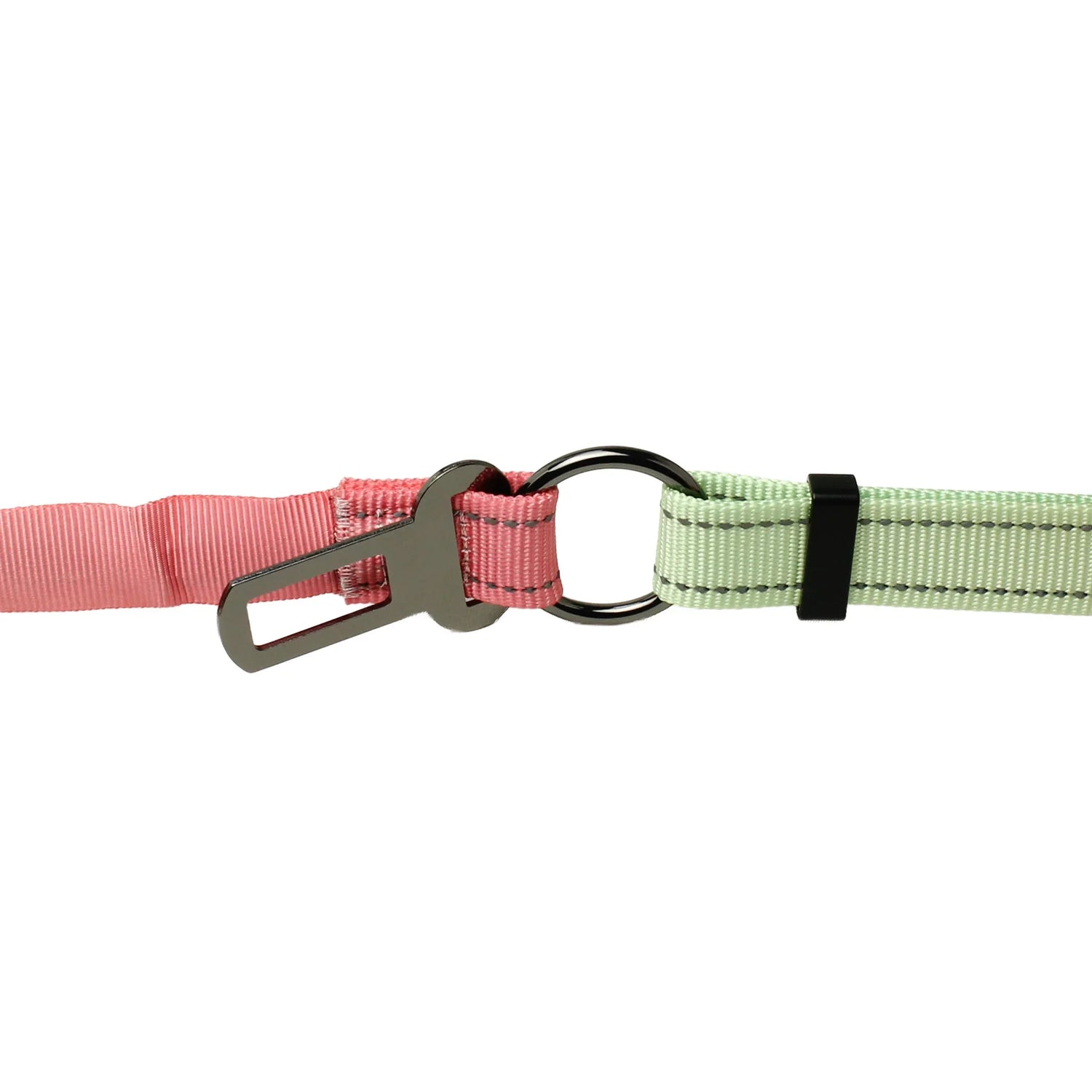 Hands-free dog lead with a seatbelt fastener. Nylon material with reflective strip.