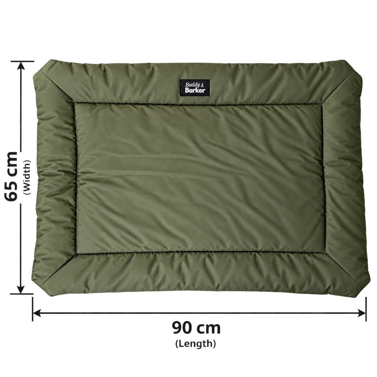 An olive green padded rectangular dog bed, shown on a white background with dimension lines indicating 90 cm length and 65 cm width. A small black brand label from Buddy And Barker.