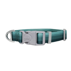 Adjustable blue dog collar with a grey buckle on a white background