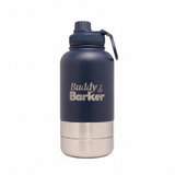 Navy blue water bottle with 'Buddy & Barker' branding on a white background