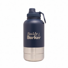Navy blue water bottle with 'Buddy & Barker' branding on a white background