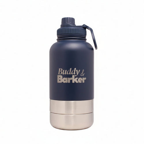 Navy blue water bottle with 'Buddy & Barker' branding on a white background