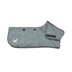 Grey dog coat with a brand logo on a white background