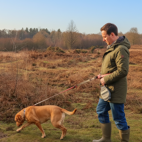 Man walking a dog with a Hands-Free lead in a field with a clear blue sky.
