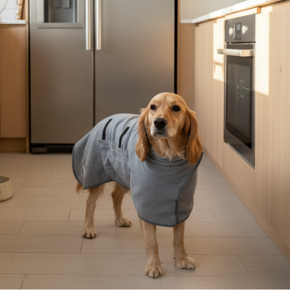 Dog wearing a grey drying coat standing in a modern kitchen with wooden cabinets and stainless steel appliances.