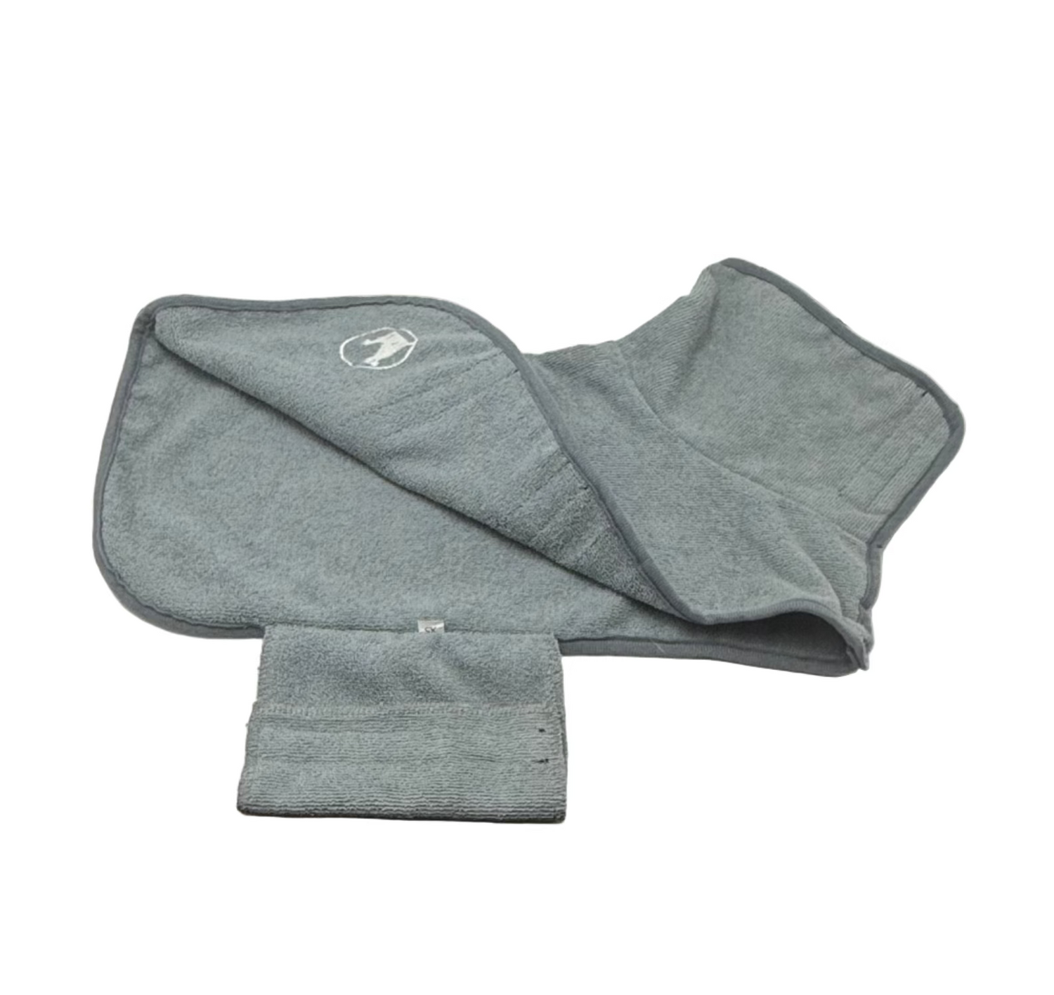 Gray dog towel with a brand logo on a white background