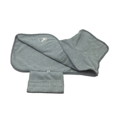 Gray dog towel with a brand logo on a white background