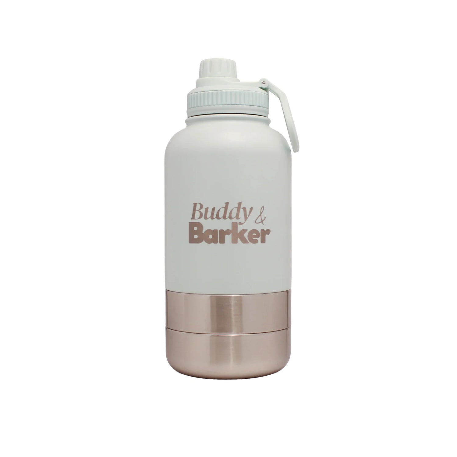 ice blue water bottle with 'Buddy & Barker' branding on a white background