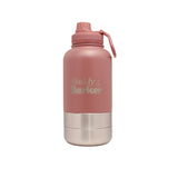 Pink dog water bottle with silver bowls on a white background