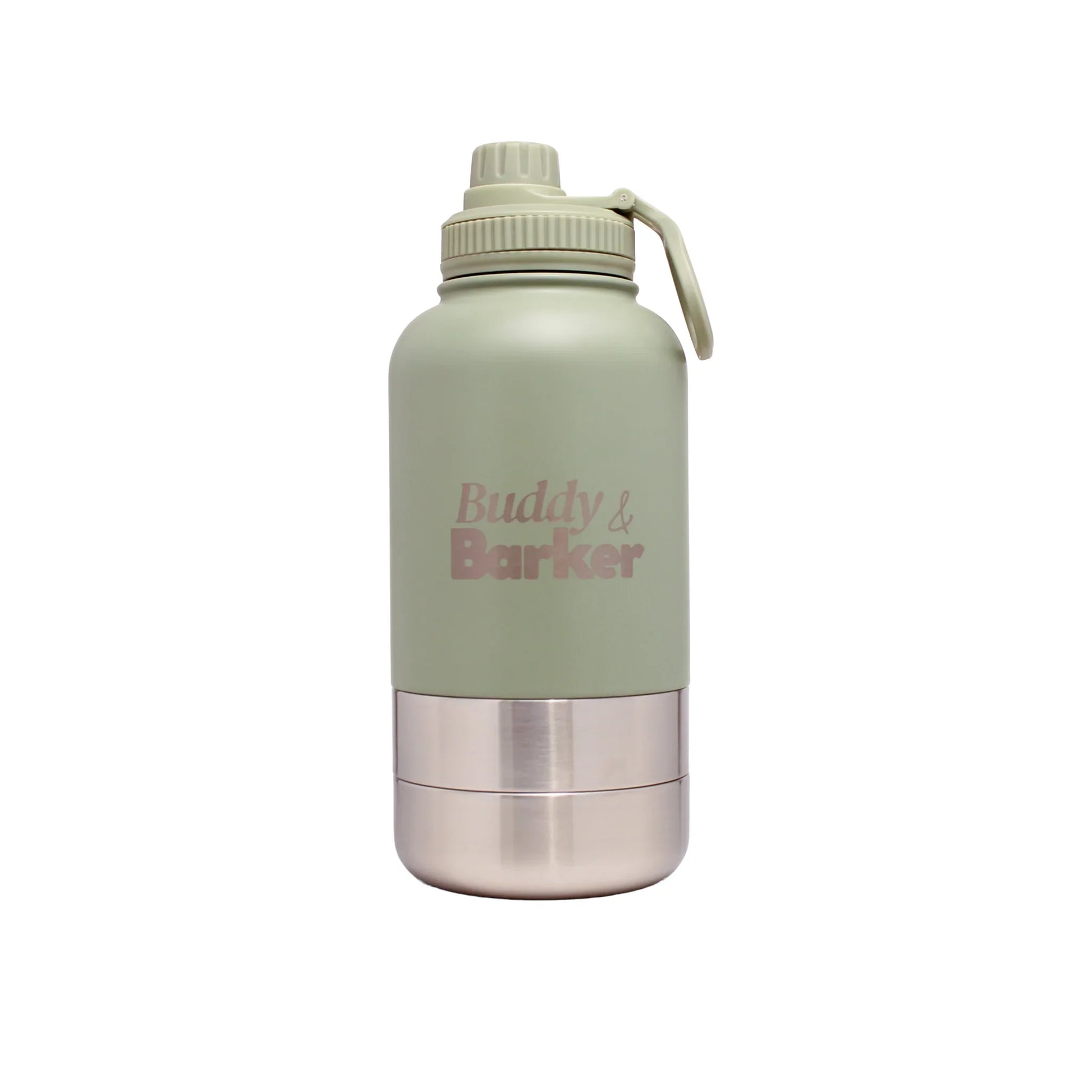 Trail dog travel bottle, in sage green on white background.
