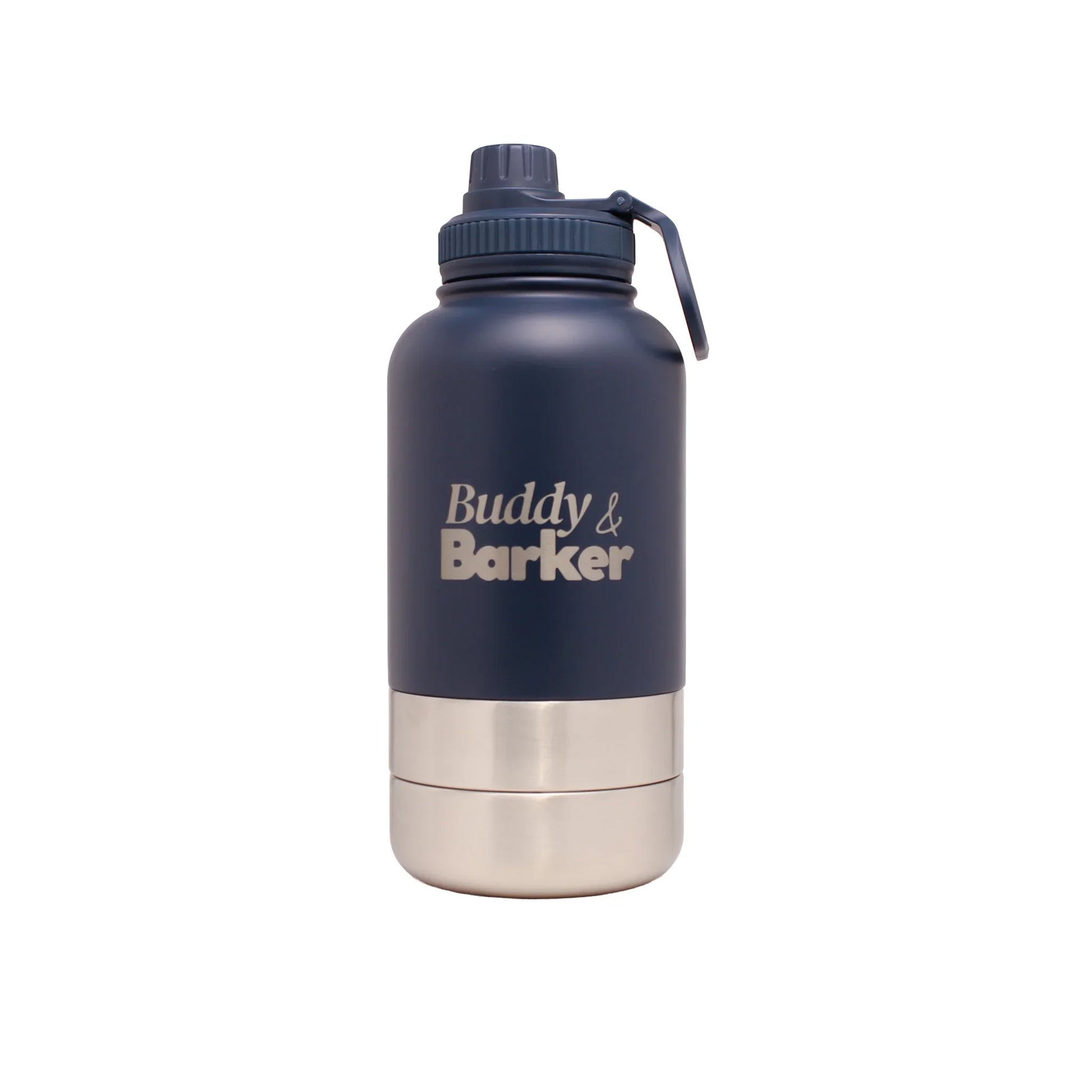 Navy blue water bottle with 'Buddy & Barker' branding on a white background