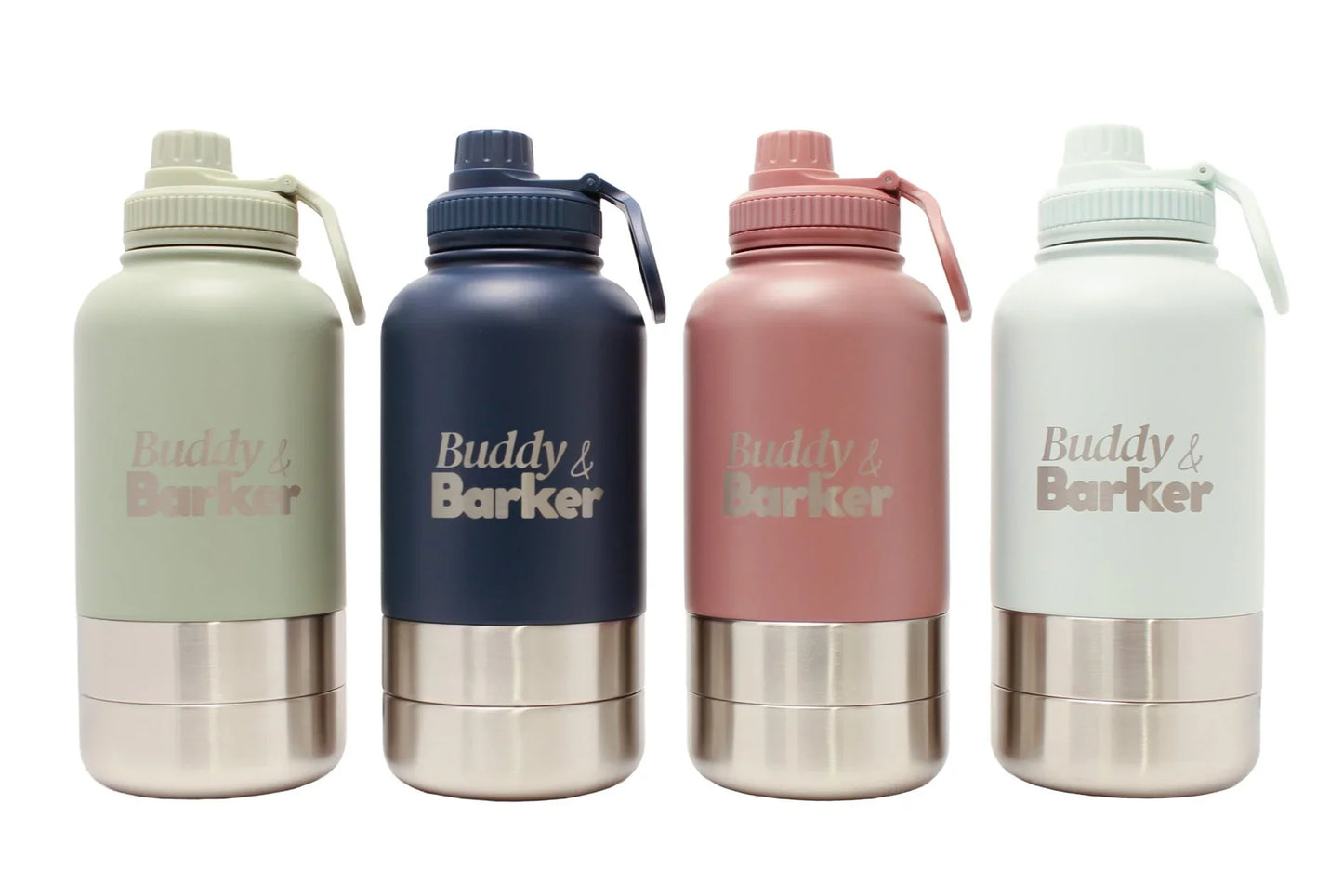 Four insulated Dog water bottles in different colours with 'Buddy & Barker' branding on a white background.