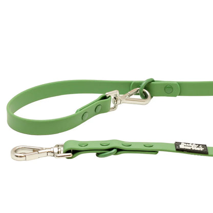 Green dog leash with metal clip on a white background