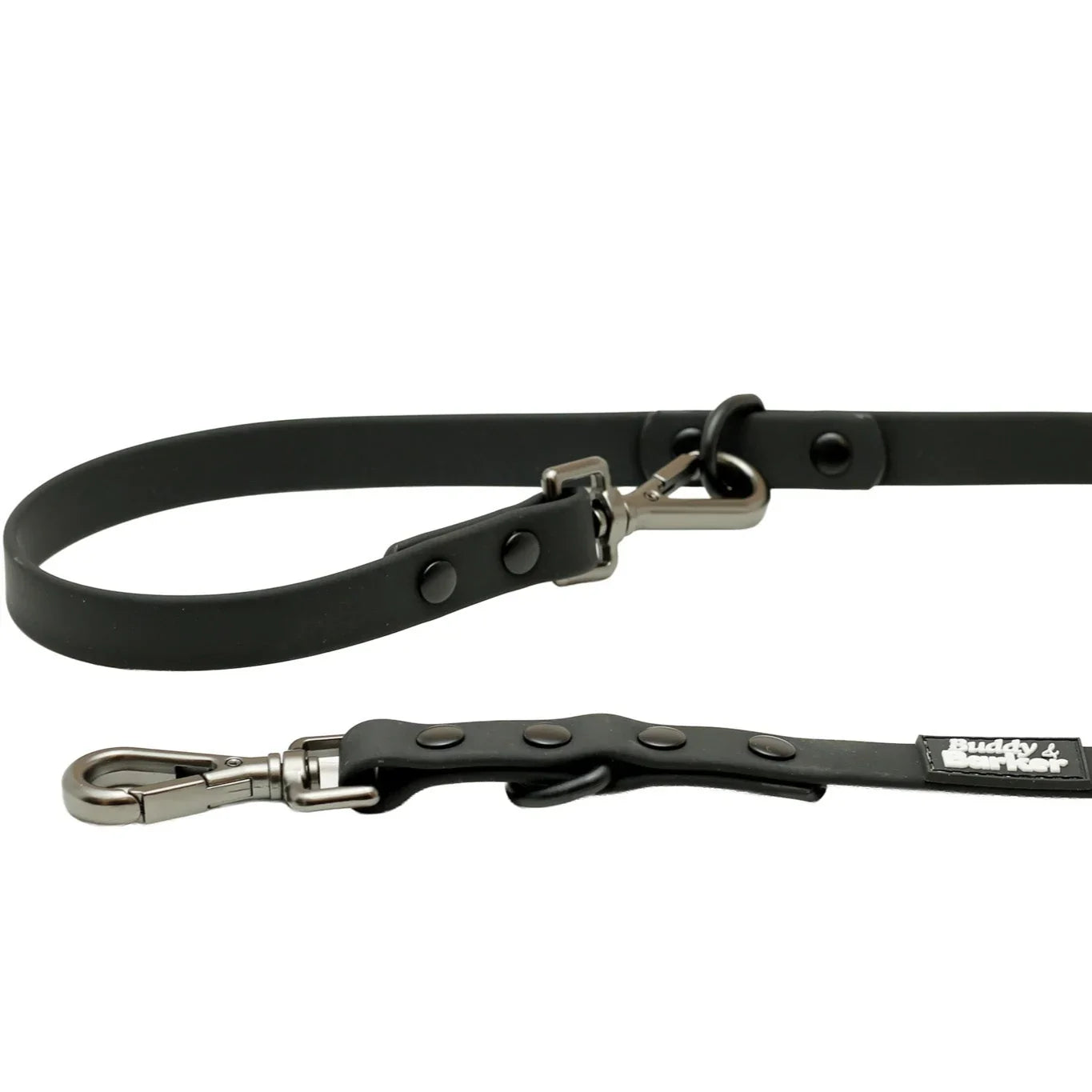 Black dog leash with metal clasp on a white background
