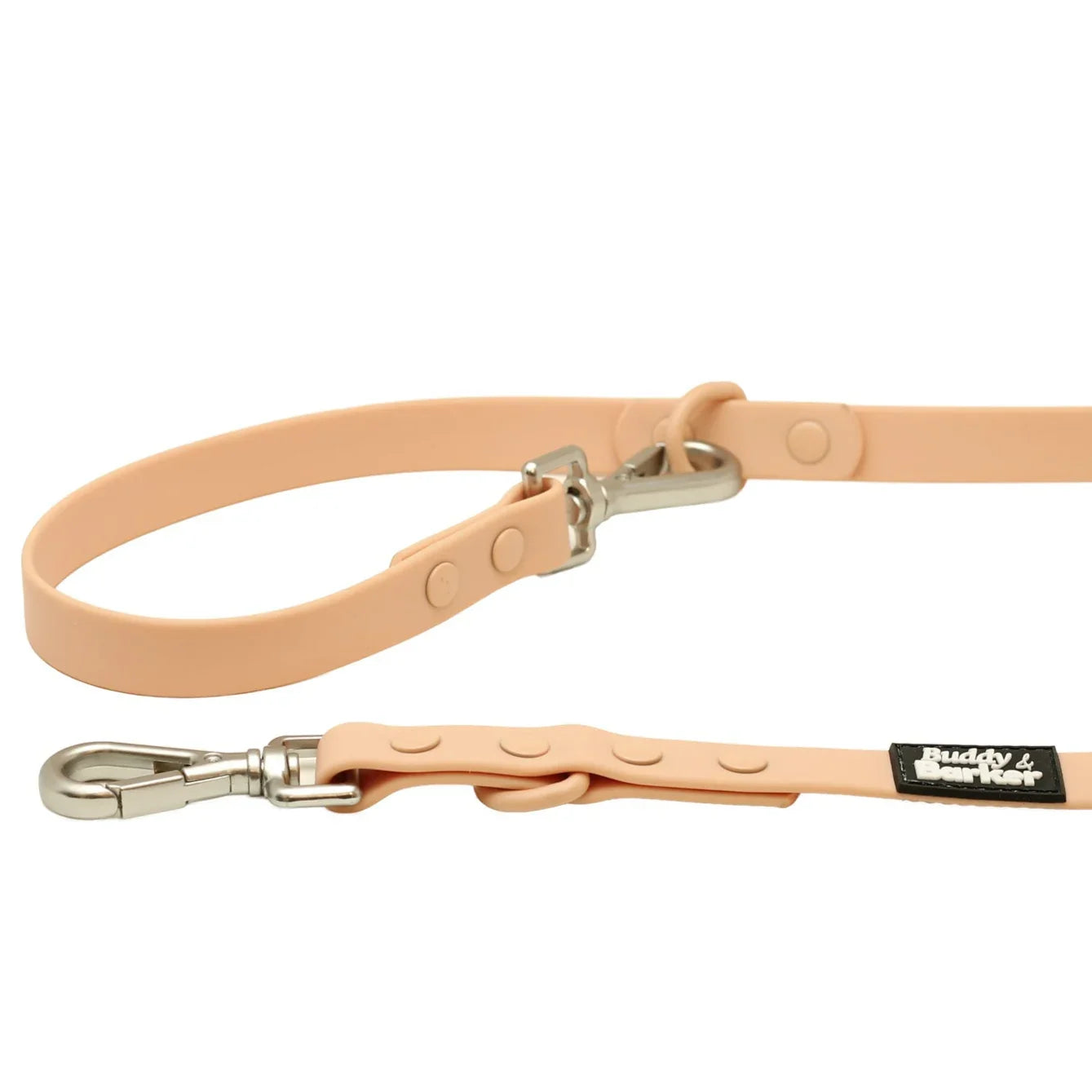 Pink dog lead with metal clip on a white background