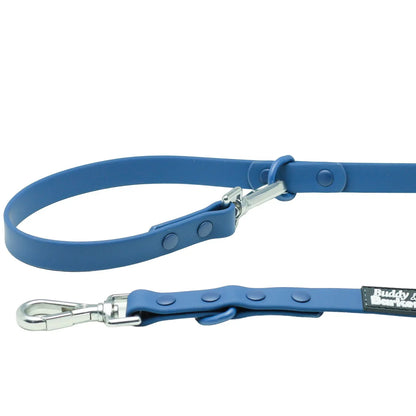 Blue dog lead with metal clip on a white background
