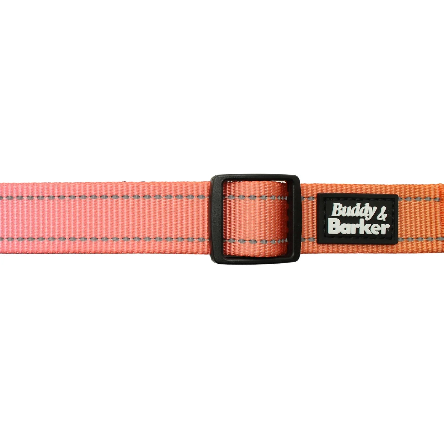 Orange dog collar with a black buckle and 'Buddy & Barker' label on a white background