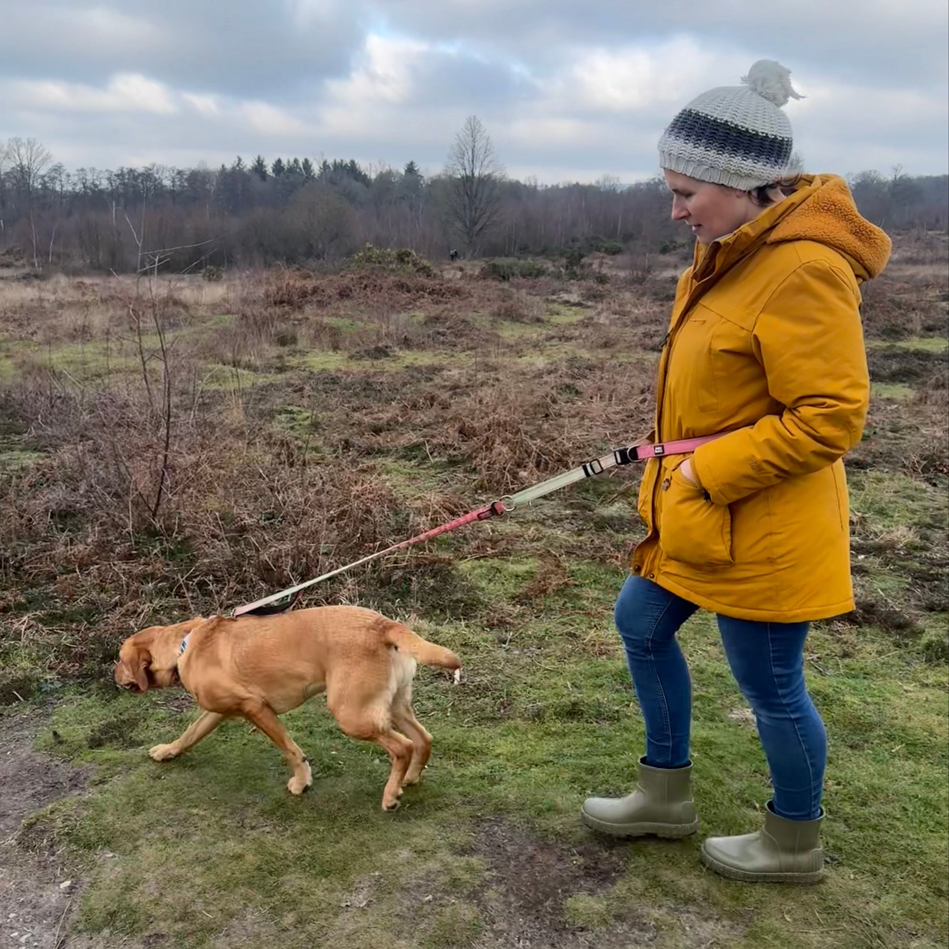 Lady walking a dog with Hands-Free lead