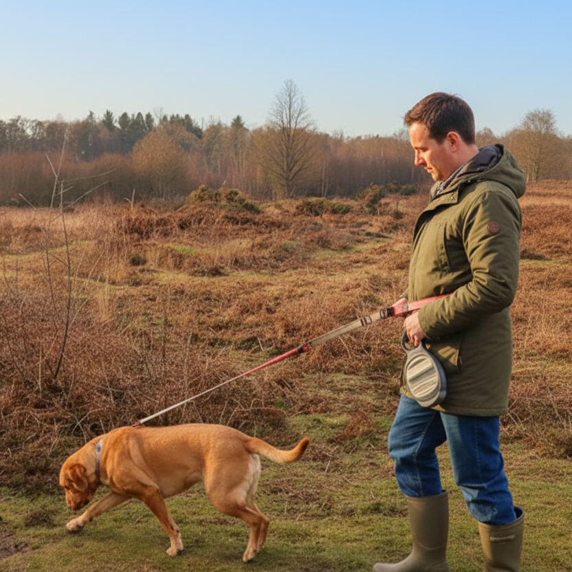 Man walking a dog with a Hands-Free lead in a field with a clear blue sky.