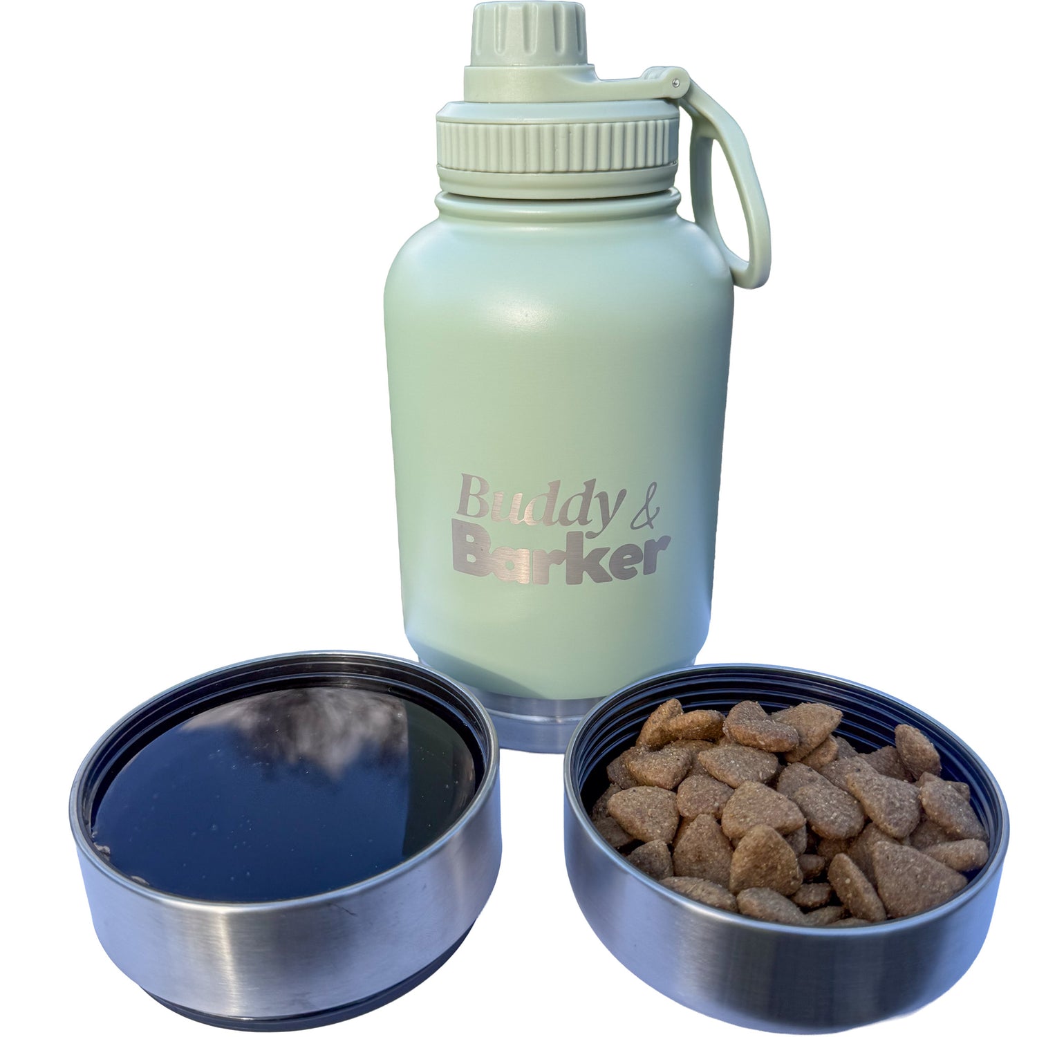 Light blue water bottle with 'Buddy & Barker' branding, two metal bowls containing dog treats on a white background.
