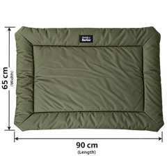 An olive green padded rectangular dog bed, shown on a white background with dimension lines indicating 90 cm length and 65 cm width. A small black brand label from Buddy And Barker.