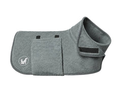 Grey dog coat with a brand logo on a white background