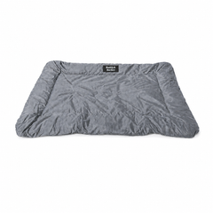 Grey pet bed with a Buddy And Barker label on a white background