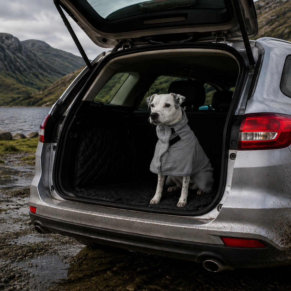 Dog in a Drying Coat sitting in an open car trunk by a lake with mountains in the background